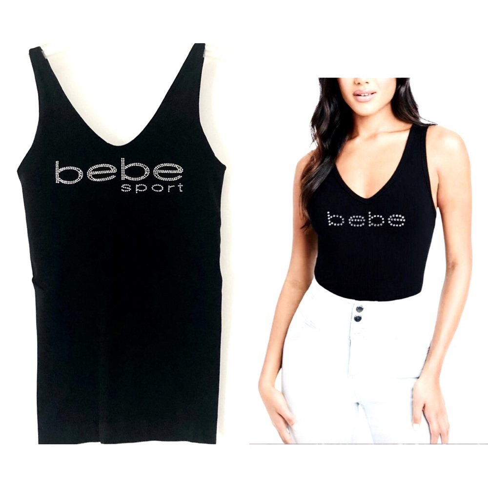 NEW! Bebe Sport crystal logo seamless black v-neck tank